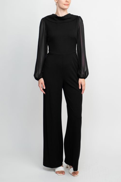 Connected Apparel Popover Neck Chiffon Long Sleeve Zipper Back Solid Jumpsuit