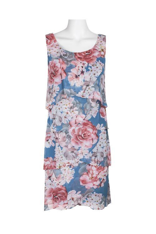 Connected Apparel Boat Neck Sleeveless Tiered Floral Print Chiffon Dress