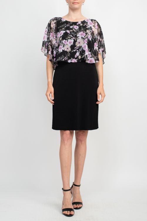 Connected Apparel Boat Neck Floral Print Chiffon Overlay Stretch Crepe Dress