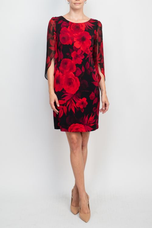 Connected Apparel boat neck slit ¾ chiffon sleeve floral print ity shift dress