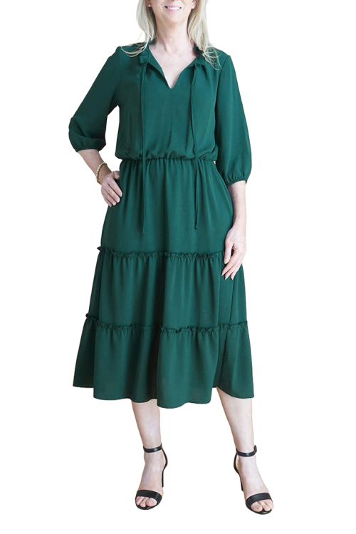 Connected Apparel split tie neck 3/4 sleeve solid tiered silhouette crepe dress