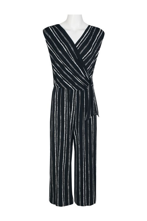 Connected Apparel Surplice Neck Sleeveless Faux Tie Side Jersey Jumpsuit