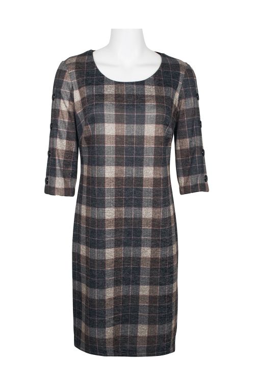 Connected Apparel Scoop Neck Button Sleeve Detail ¾ Sleeve Checkered Print Knit Dress
