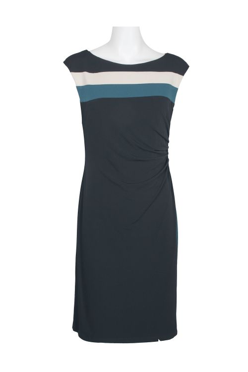 Connected Apparel Boat Neck Sleeveless Gathered Side Faux Wrap ITY Dress