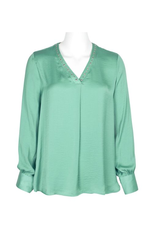 Joan Vass NY Embellished V-Neck Button Cuffed Long Sleeve Pleated Front Solid Woven Top
