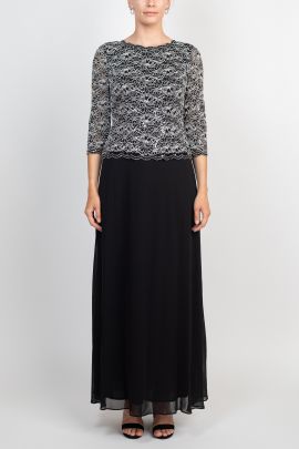 Alex Evenings Jewel Neck 3/4 Sleeve Lace Bodice V-Back Zipper Back Chiffon Skirt Dress