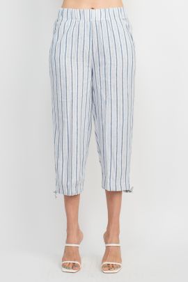 Land N Sea Pull-on Elastic Waist Tie Bottom Stripe Print Linen Pant with Pockets