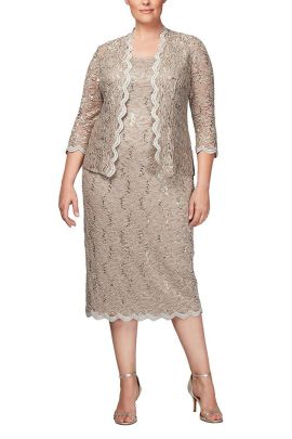 Alex Evenings square neck sleeveless sheath lace dress with sheer lace jacket with sequin detail