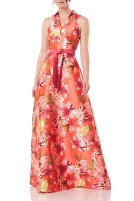 Kay Unger V-neck sleeveless collared zipper closure floral mikado gown with side pockets