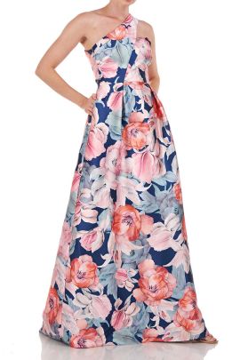 Kay Unger one shoulder zipper closure A-line pleated side floral mikado gown