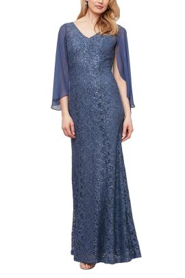 Alex Evenings V-neck attached chiffon cape with draped back lace gown