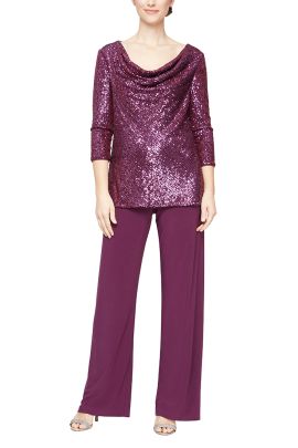 Alex Evenings Cowl Neck 3/4 Sleeves Sequin Blouse and Elastic Mid Waist Wide Leg Jersey Two Piece Set