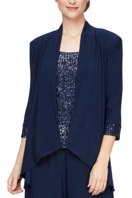Alex Evenings 3/4 sleeve twinset with open cascade ruffle matte jersey jacket and scoop neck sequin tank