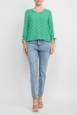 Counterparts V-Neck Tie Cuff Sleeve Printed Crepe Top