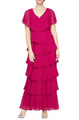 SL Fashion Embellished V-Neck Short Sleeve Pebble Georgette Long Tier Chiffon Dress