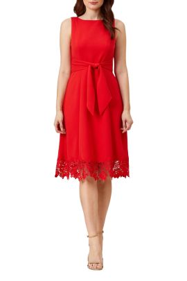 Adrianna Papell Day Stretch Knit Crepe Midi-Length Fit-And-Flare Crepe Dress with Lace Trim