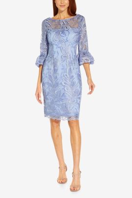 Adrianna Papell Boat Neck Back Zipper 3/4 Bell Sleeves Embroidered Midi Dress