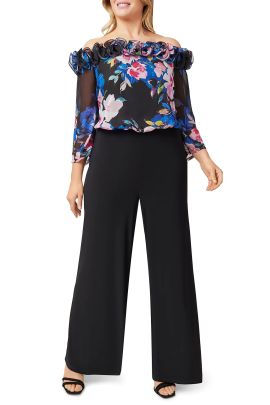Adrianna Papell Off Shoulder Ruffled Neck 3/4 Sleeve Floral Print Bodice Zipper Back with Stretch Jersey Pants (Plus Size)