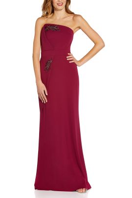 Adrianna Papell Strap Less Sleeveless Pleated Banded Embellished Zipper Back Solid Crepe Dress