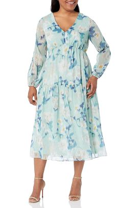 Adrianna Papell V-Neck Long Sleeve High Waist Floral Print Tiered Chiffon Dress