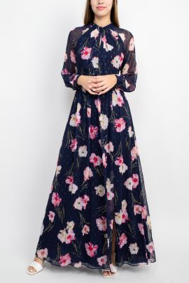 Adrianna Papell Crew Neck Keyhole Front Long Sleeve Slit Front Zipper Back Floral Chiffon A-Line Dress