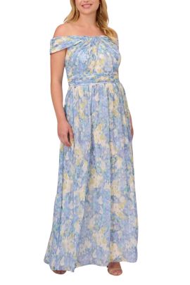 Adrianna Papell chiffon floral print off the shoulder neckline ballgown dress