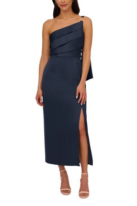 Adrianna Papell asymmetrical neck one shoulder pleated bodice metal ring accent slit side satin crepe gown