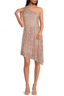 Sam Edelman One Shoulder Sleeveless Asymmetrical Hem A-Line Stripe Sequin Mesh Dress