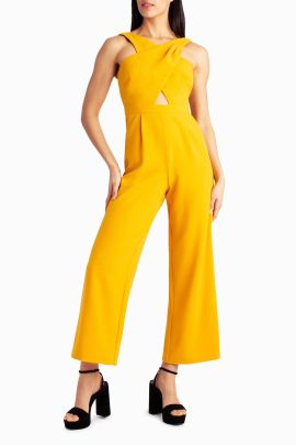 Nicole Miller crisscross halter neck keyhole front sleeveless pleated stretch crepe jumpsuit with pockets