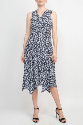 Perceptions V-Neck Sleeveless Gathered Side Floral Puff Print ITY Dress