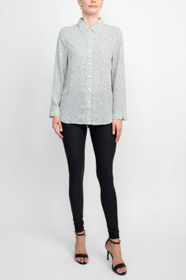 VS Sport Collar Neck Button Detail Long Sleeve Printed Crepe Top