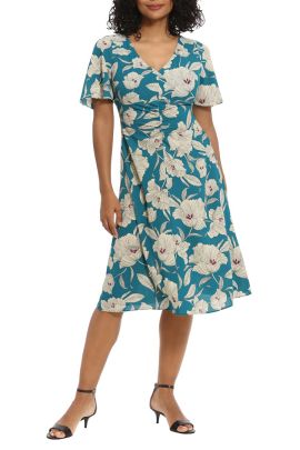 London Times V-neck flutter sleeve ruched bodice floral print bubble crepe dress