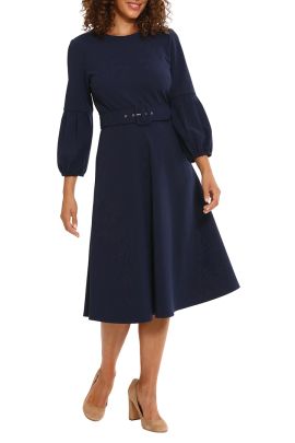 London Times crew neck bell sleeve belted zipper closure solid A-line scuba crepe dress