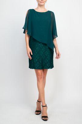Connected  Apparel boat neck cape chiffon sleeve floral lace dress