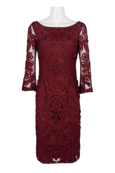 JS Collections Boat Neck Illusion Long Sleeve Zipper Back Embroidered Soutache Mesh Dress