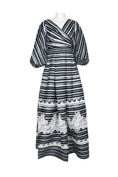 Theia V-Neck 3/4 Sleeve Zipper Back Stripe Print Embellished Organza Dress