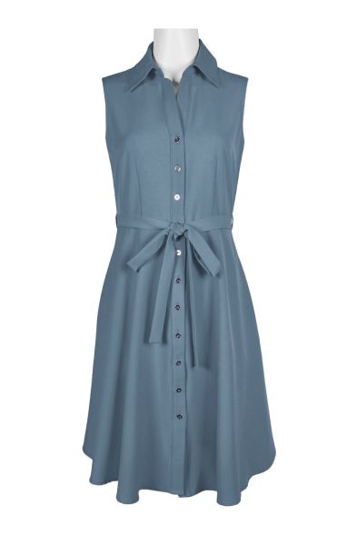 Sharagano Collared Button Down Front Tie Pockets Solid Crepe Dress