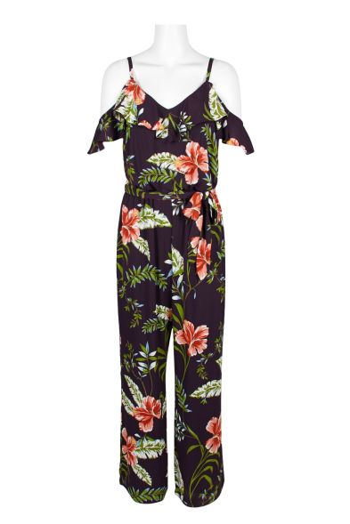 Adrianna Papell Spaghetti Strap Tie Waist Floral Print Polyester Jumpsuit
