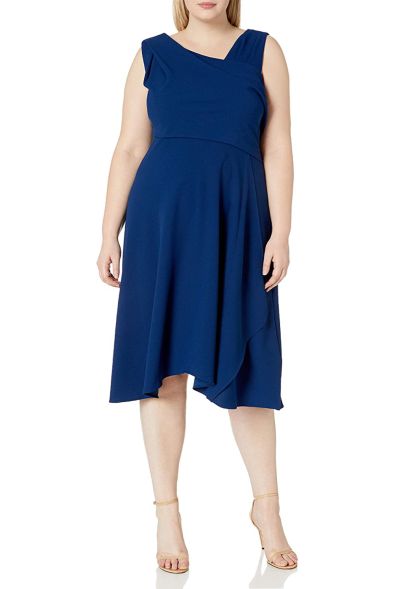 Adrianna Papell Asymetrical Neck Sleeveless Solid Crepe Dress (Plus Size)