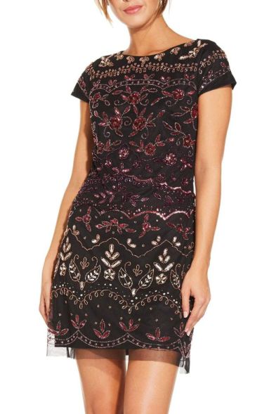 Adrianna Papell Boat Neck Cap Sleeve Sipper Back Embellished Mesh Dress