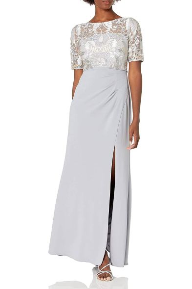 Adrianna Papell Boat Neck 3/4 Sleeve Pleated Slit Zipper Back Embroidered Bodice Mesh Dress