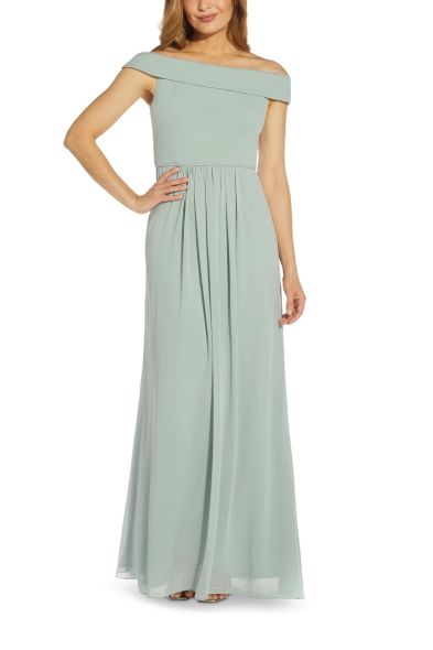 Adrianna Papell Off Shoulder Zipper Back Ruched Piping Detail Crepe Chiffon Dress