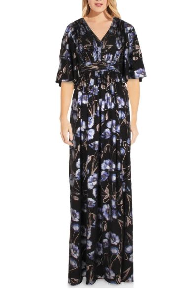 Adrianna Papell V-Neck Bell Sleeve Ruched Slit Front Zipper Back Metallic Floral Print CDC Dress