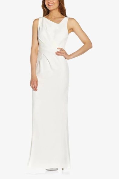 Adrianna Papell Asymmetrical Neck Sleeveless Gathered Side Zipper Side Sequined Beaded Back Stretch Crepe Dress