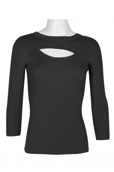 Joan Vass NY Crew Neck 3/4 Sleeve Ribbed Pullover Cutout Chest Detail Knit Top