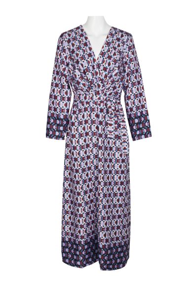 Donna Morgan V-Neck Long Sleeve Tie Waist Multi Print Satin Dress