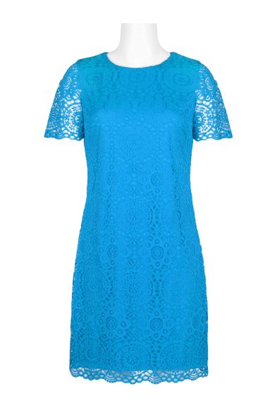 Laundry Crew Neck Short Sleeve Solid Concealed Zipper Back Shift Lace Dress
