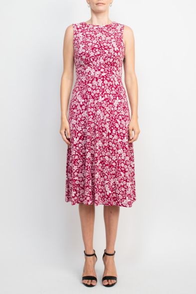 London Times Crew Neck Sleeveless Ruched Banded Waist Floral Print Fit & Flare Matte Jersey Dress