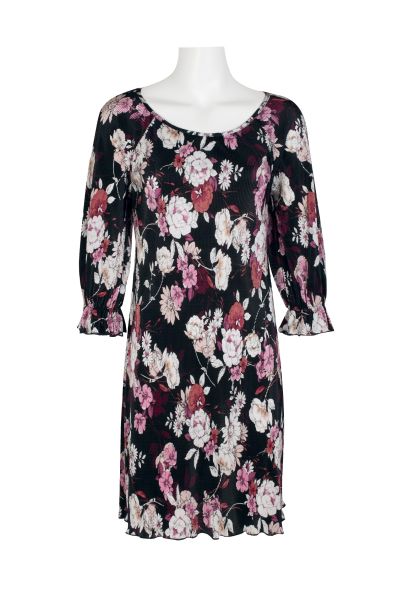 Connected Apparel Scoop Neck 3/4 Elastic Cuff Floral Print Ribbed Chiffon Dress